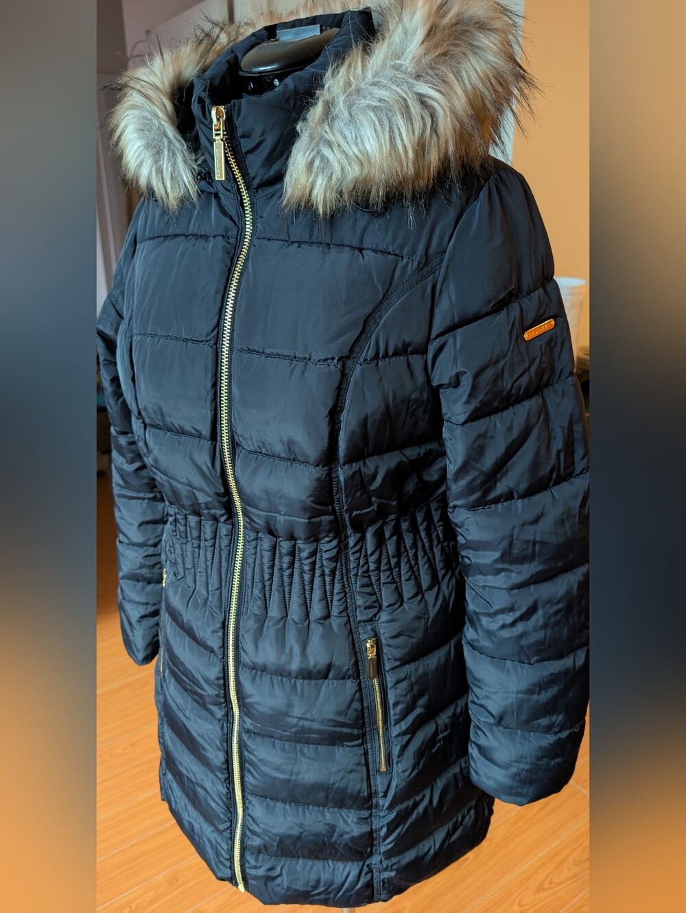 Black Quilted Puffer Jacket with Faux Fur Hood Trim